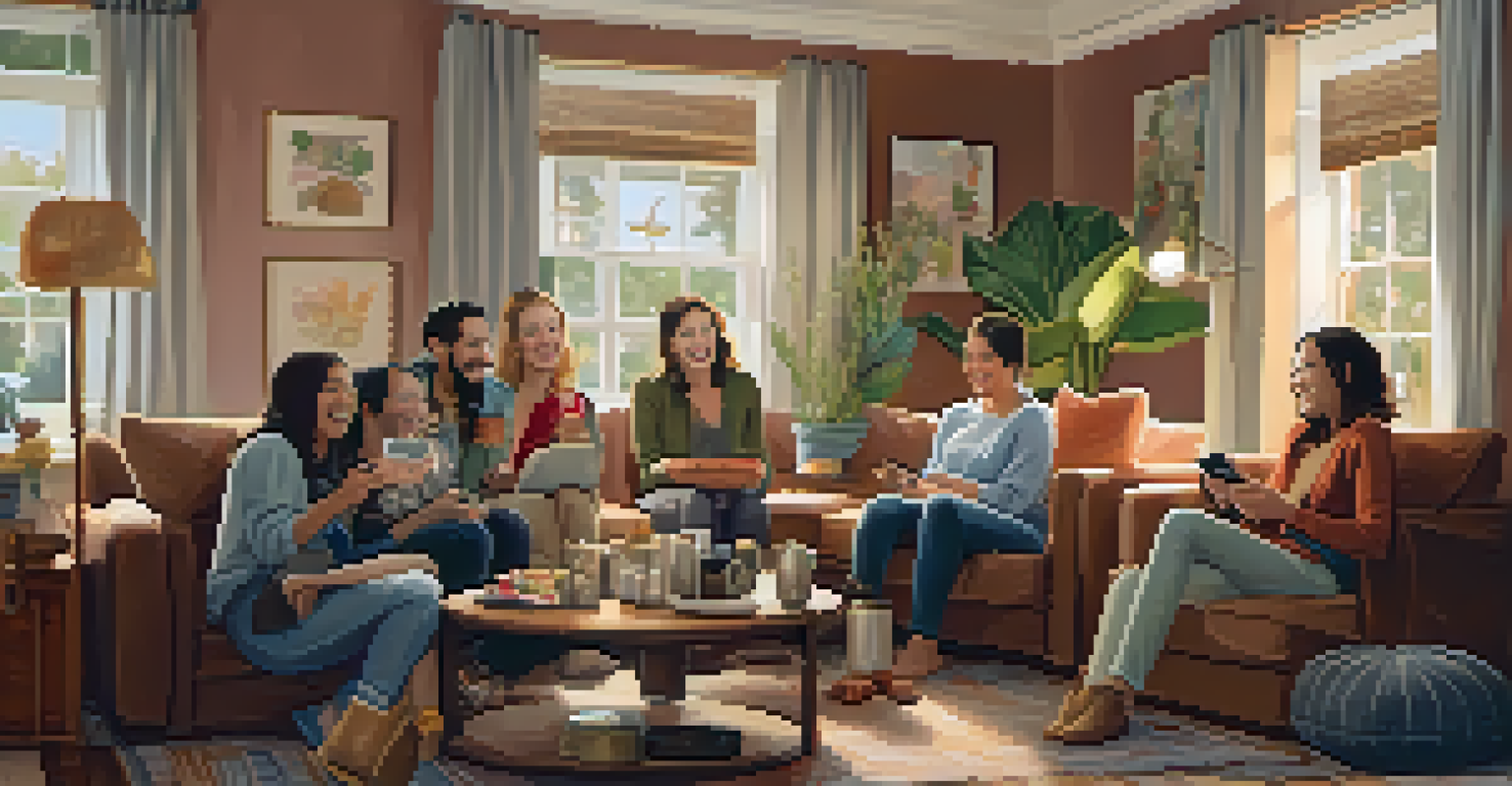 A cozy living room with friends sharing smiles and laughter, one friend expressing gratitude while others listen attentively.