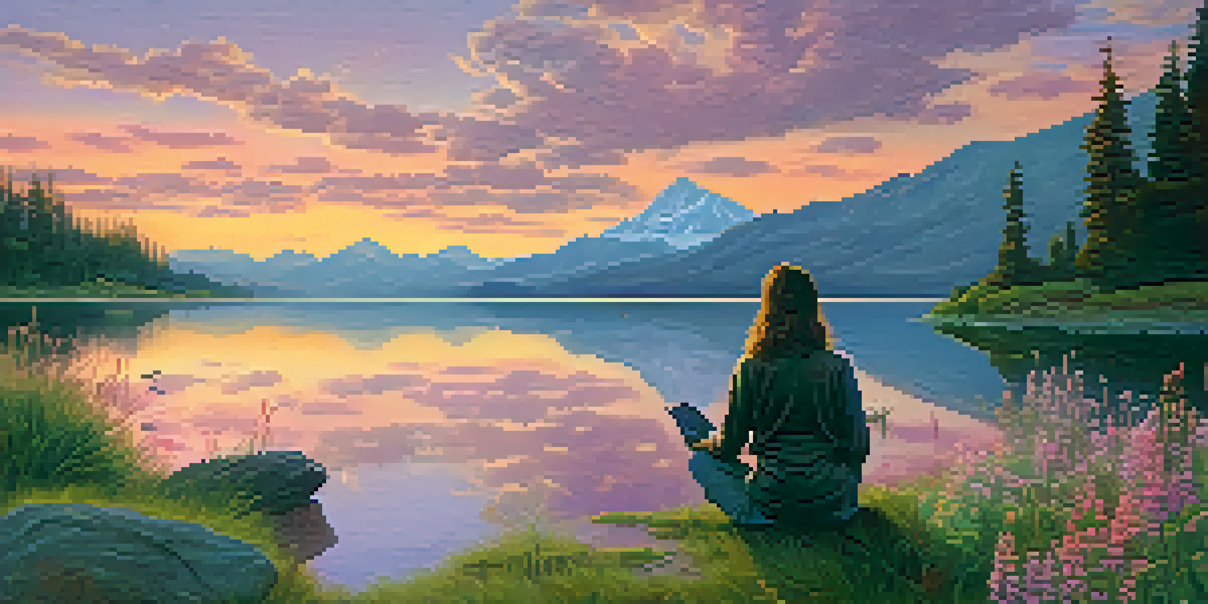 A peaceful sunset over a lake with mountains, where a person is meditating on a rock surrounded by greenery.