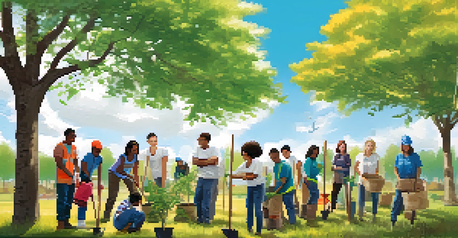 Diverse group of people planting trees in a park, demonstrating community involvement in environmental activism.