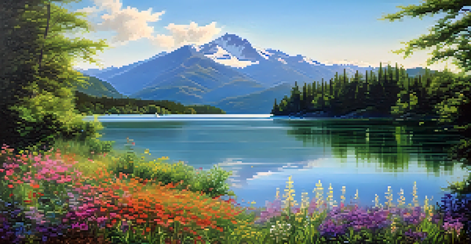 A peaceful lake scene with green forests, mountains, and colorful wildflowers under a blue sky.
