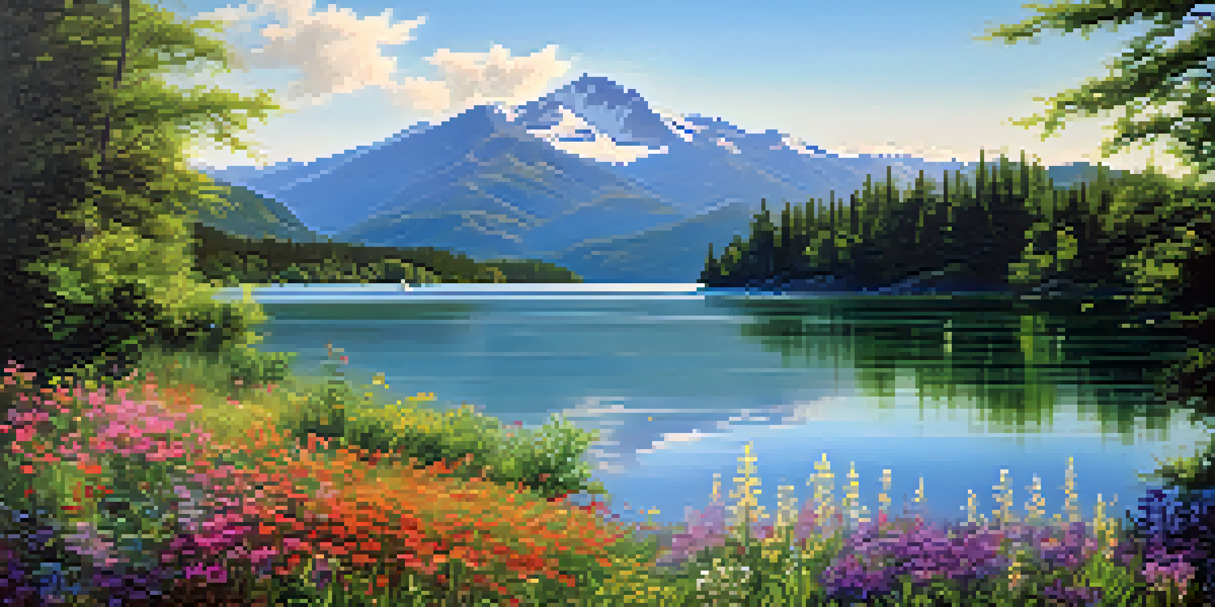 A peaceful lake scene with green forests, mountains, and colorful wildflowers under a blue sky.