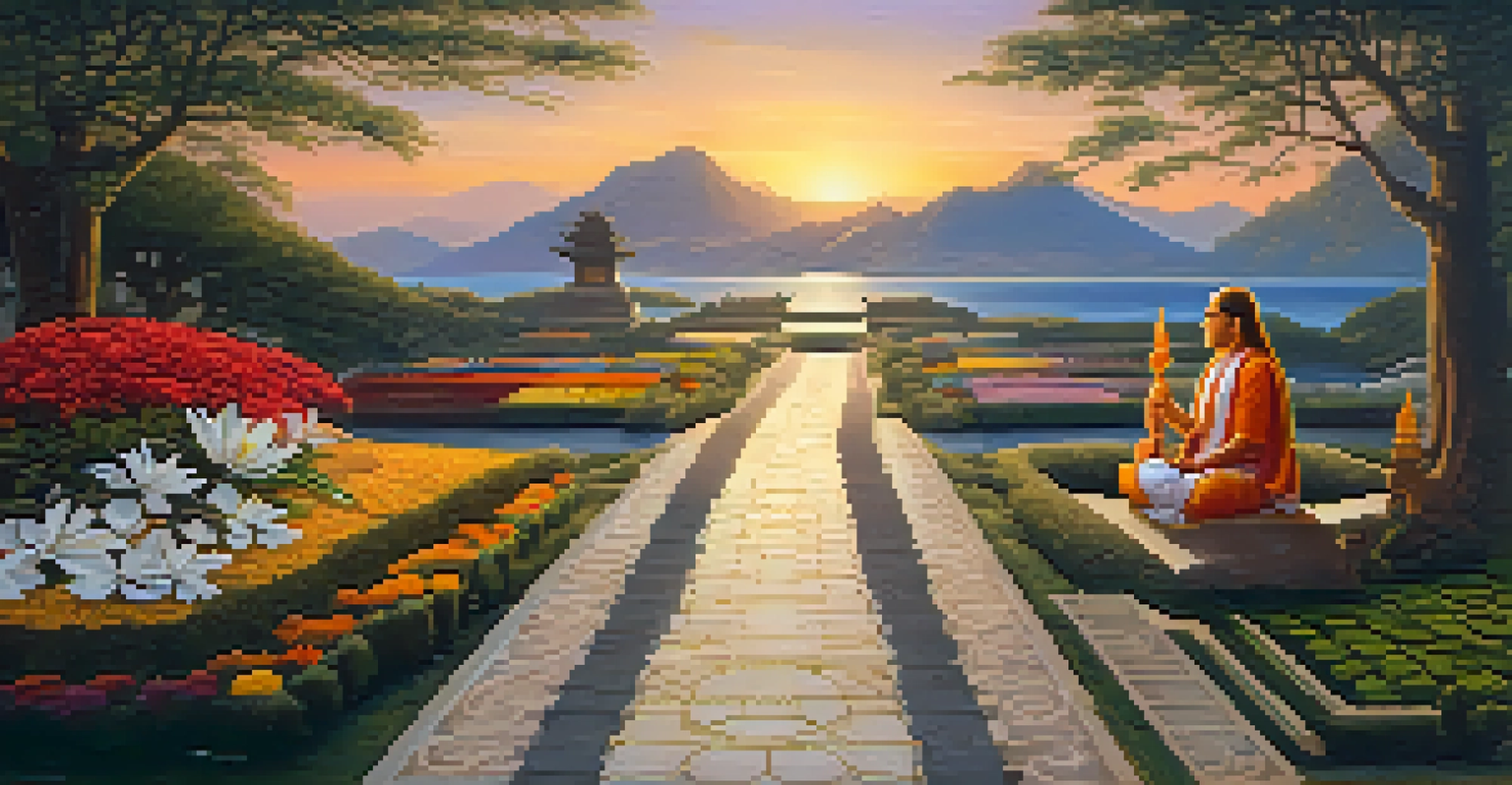 Two paths symbolizing Hinduism and Buddhism, one golden with deities and flowers, the other stone-paved with meditation symbols, against a sunset.
