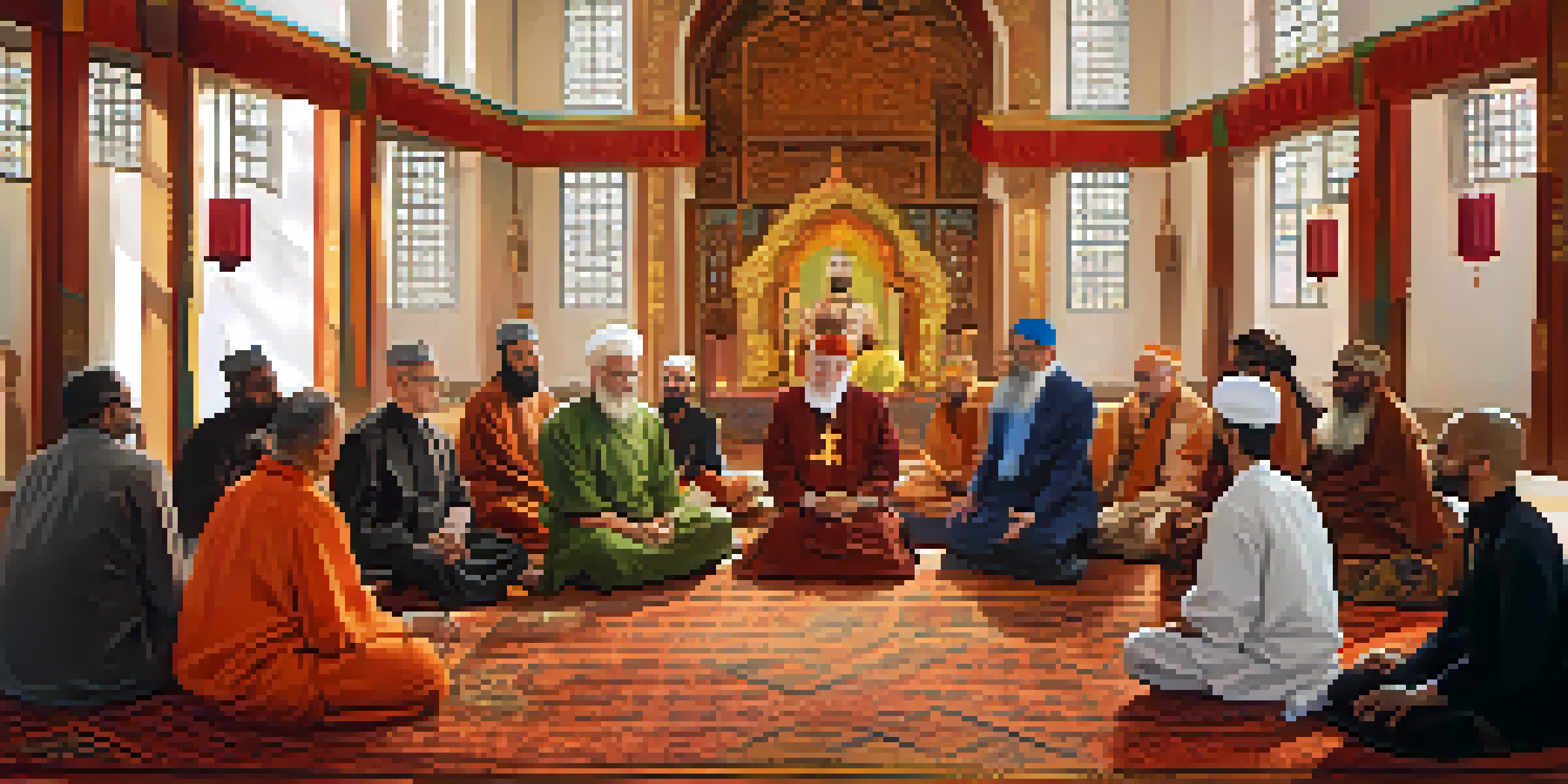 A group of diverse religious leaders sitting together in a circle, engaging in dialogue while holding cups of tea, in a warmly lit community hall.