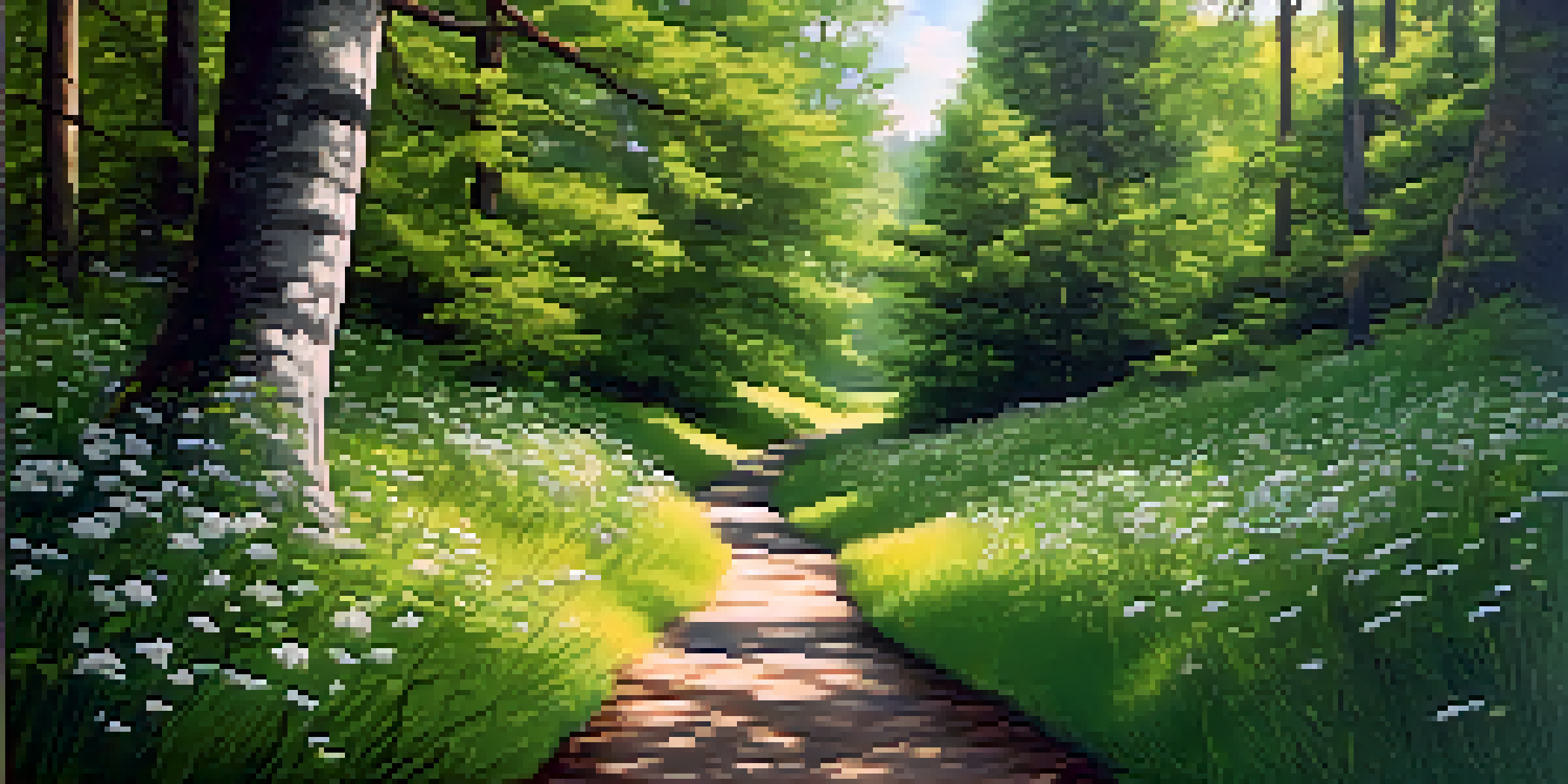 A beautiful forest path surrounded by tall trees and wildflowers, illuminated by soft sunlight filtering through the leaves.