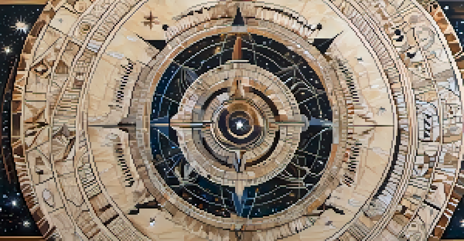 An intricate Indigenous star map displayed on a wooden surface, surrounded by natural elements like stones and leaves, illuminated by soft lighting.