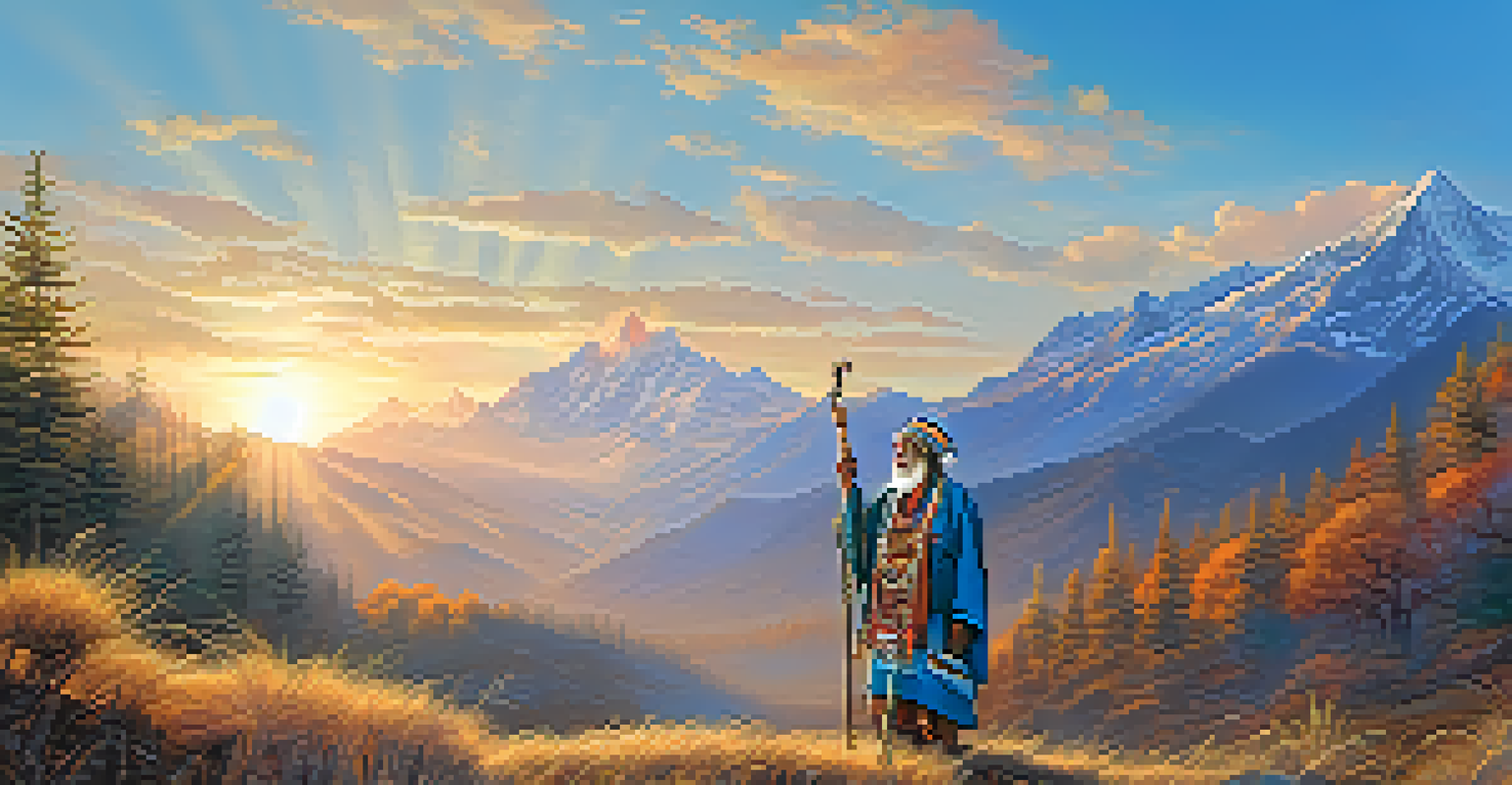 An Indigenous elder in traditional attire standing in front of a mountain range, symbolizing the deep connection to the land.