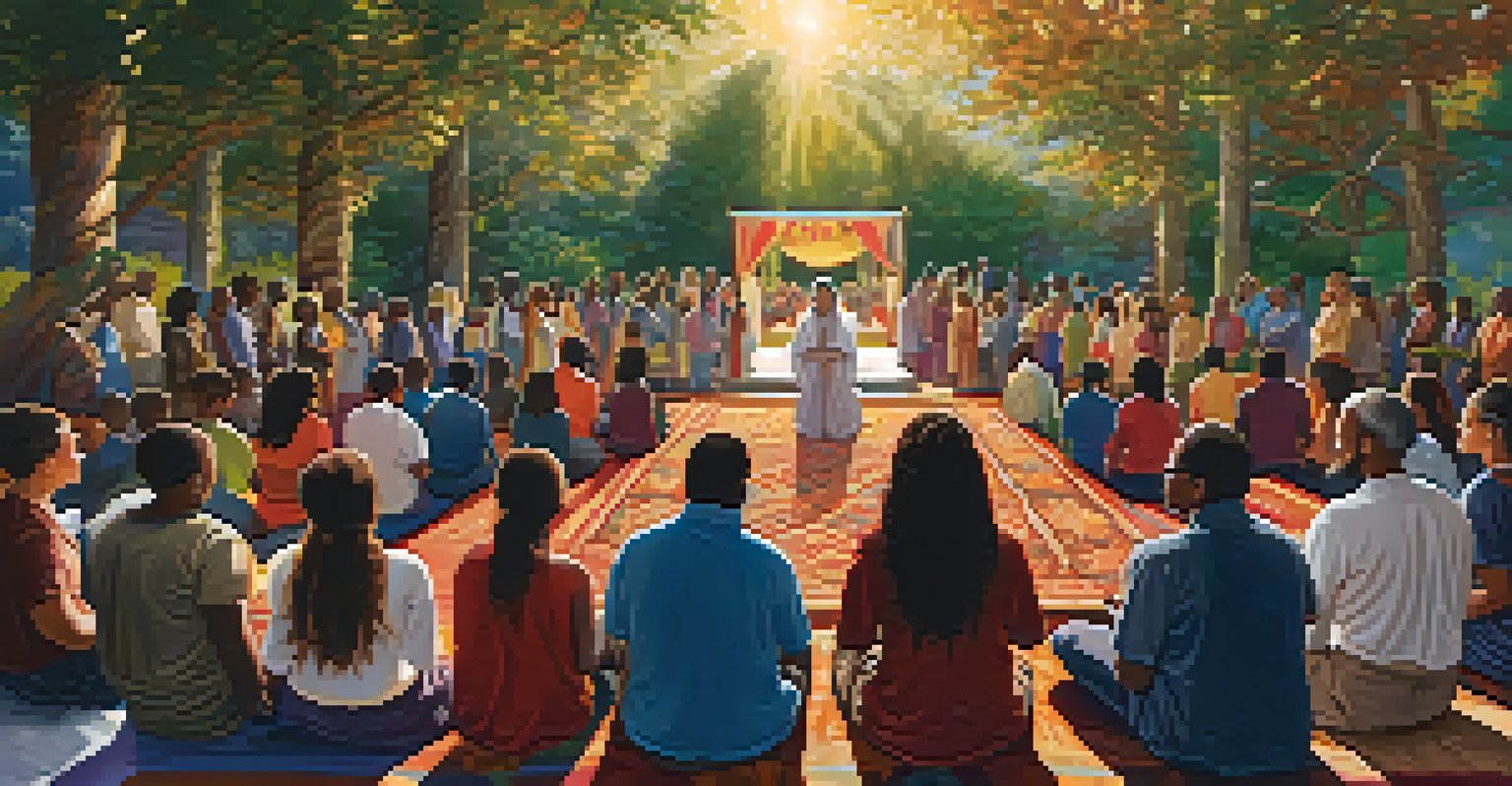 A community gathering outdoors with a colorful tapestry backdrop, where diverse individuals are engaged in a communal prayer under warm sunlight.