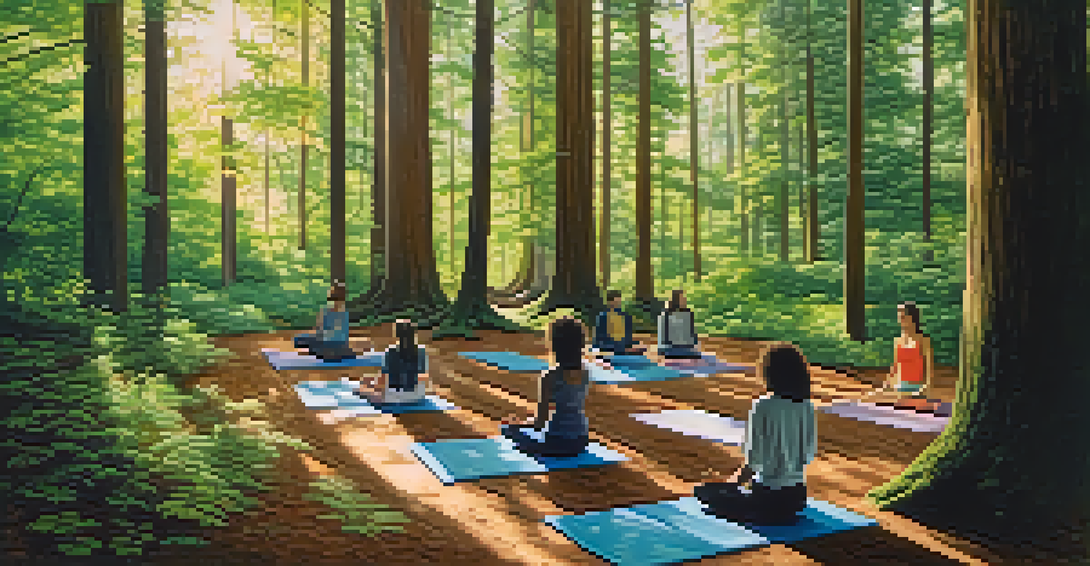 A small group of individuals meditating on yoga mats in a serene forest setting during an eco-pilgrimage retreat.