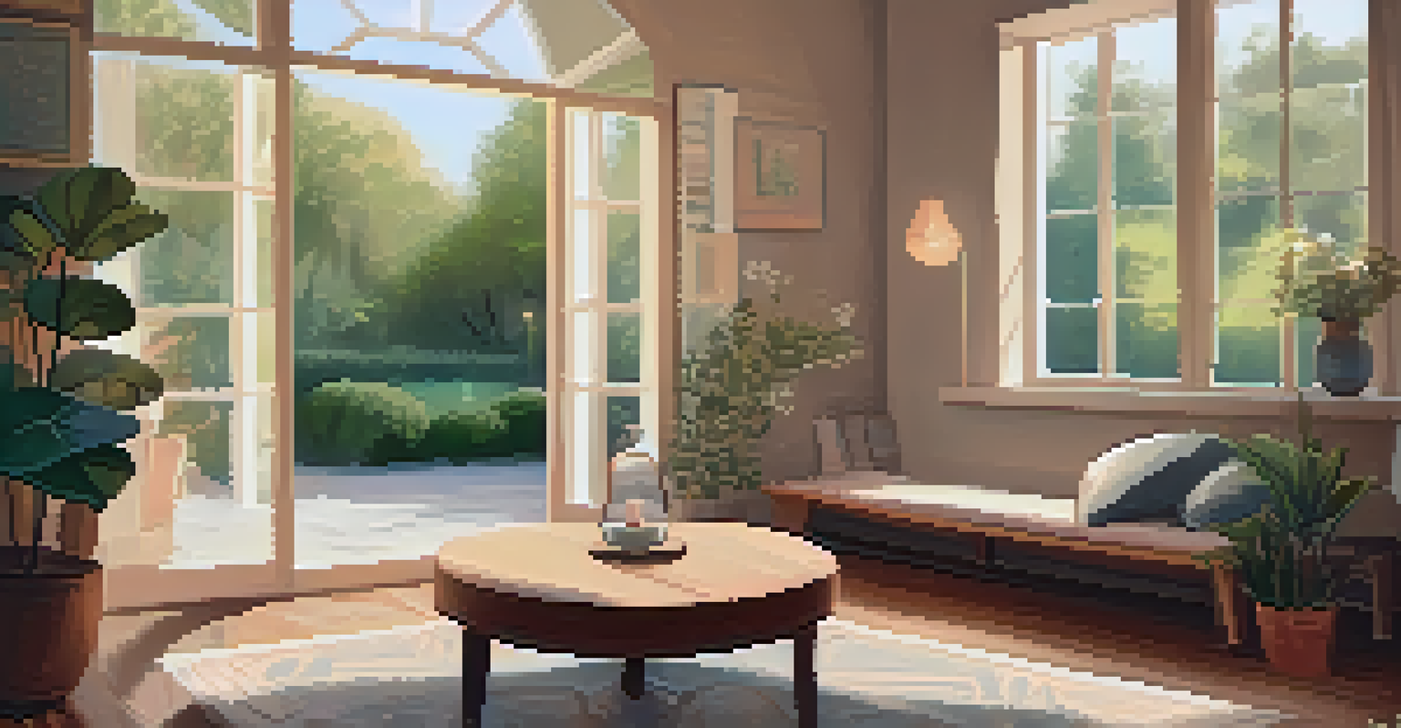 A cozy indoor mindfulness space with cushions, a journal, and a candle near a window overlooking a garden.