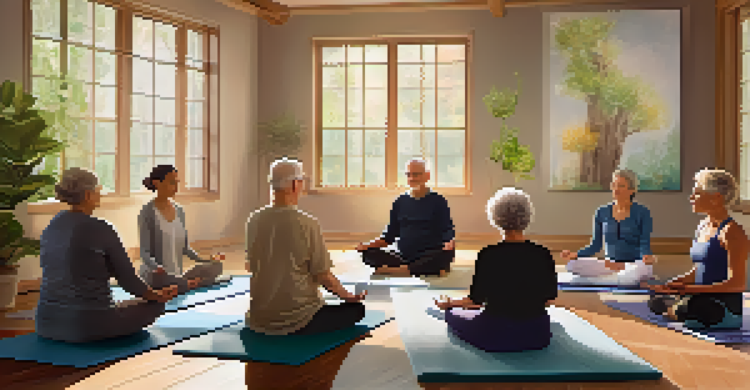 A group of older adults participating in a guided meditation session indoors, seated in a circle with a warm ambiance.