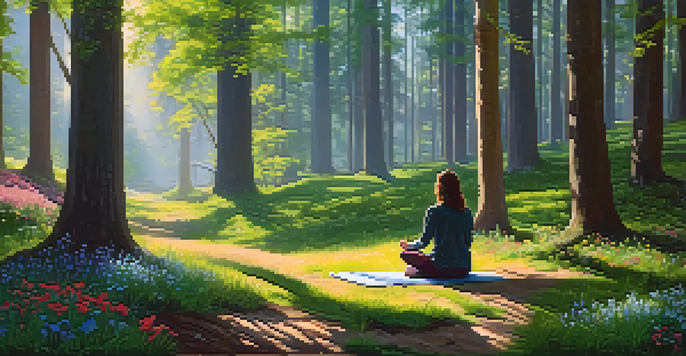 A peaceful forest scene with sunlight shining through trees, and a person meditating on a stone surrounded by flowers.