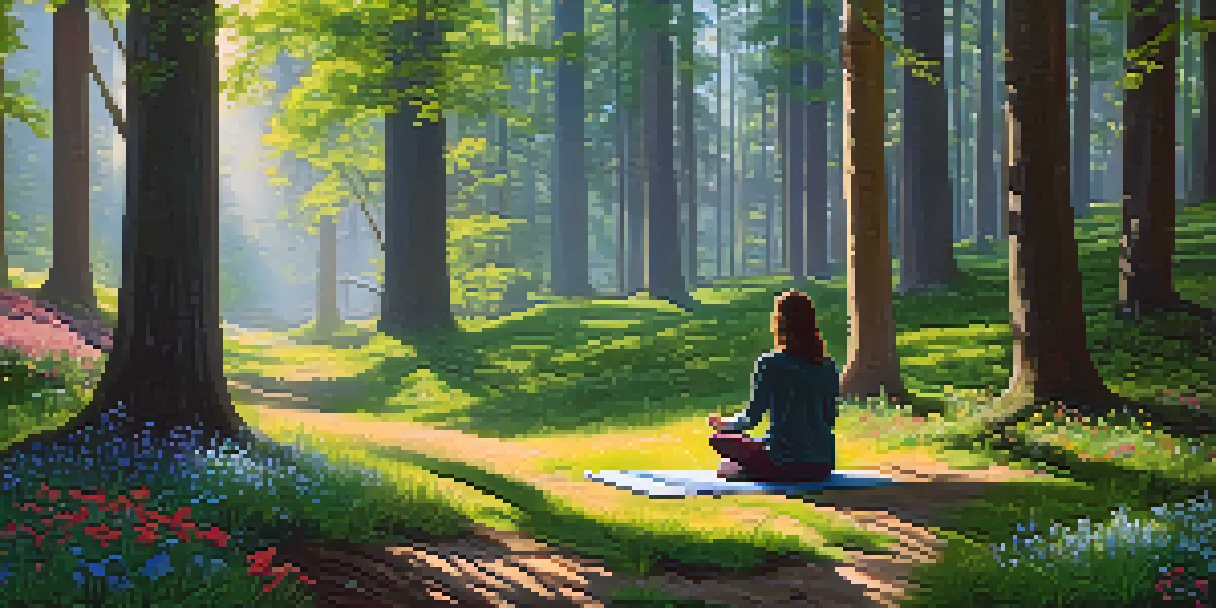 A peaceful forest scene with sunlight shining through trees, and a person meditating on a stone surrounded by flowers.