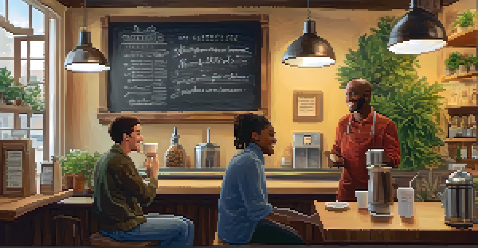 A barista serving coffee to a happy customer in a cozy coffee shop filled with plants and warm lighting.