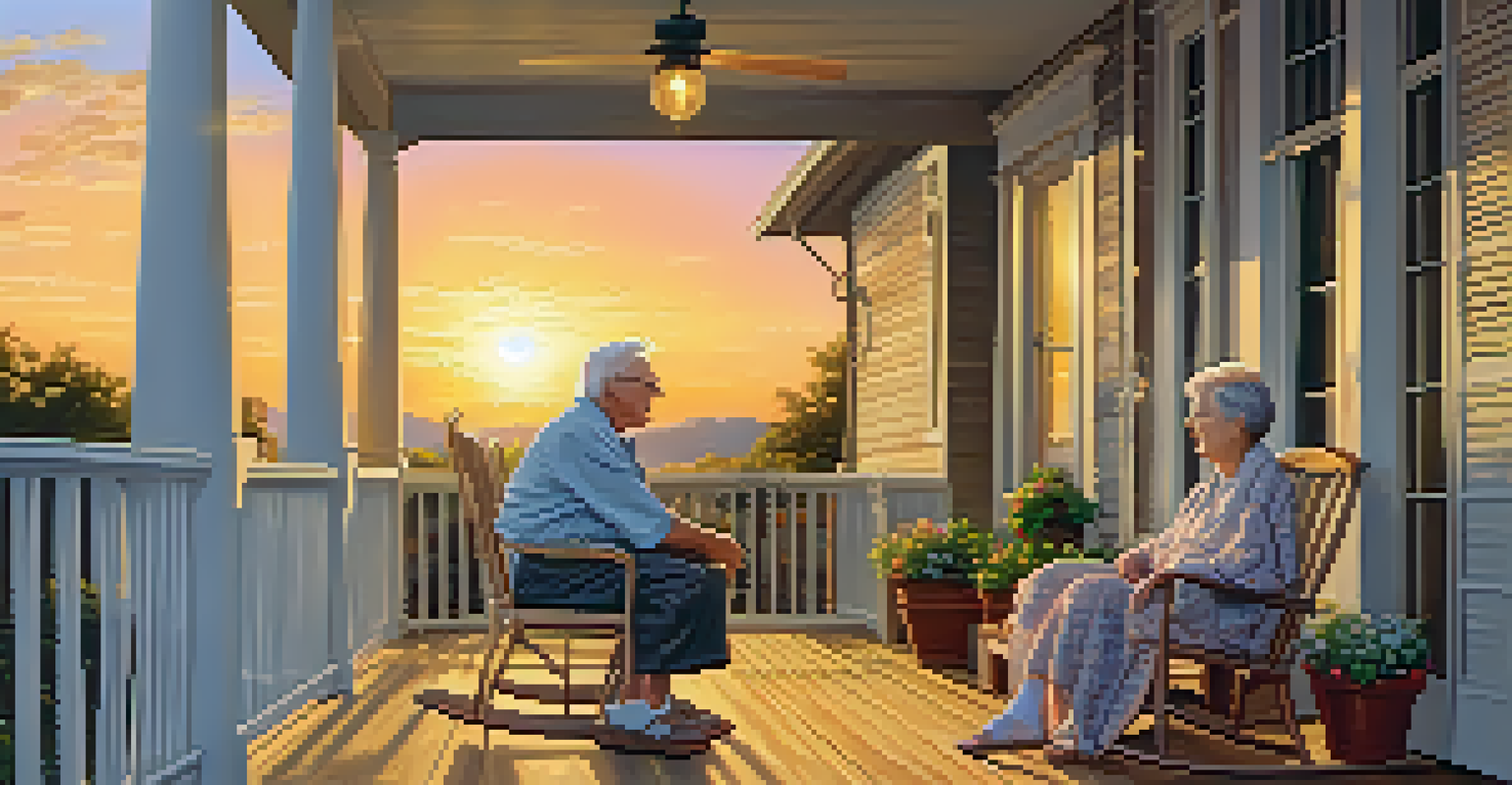 An elderly couple smiling at each other on a porch during sunset.