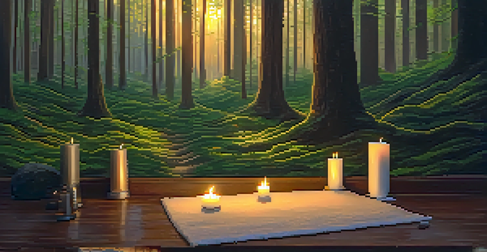 A peaceful forest with sunlight shining through the leaves, highlighting a meditation area with a mat and candles.