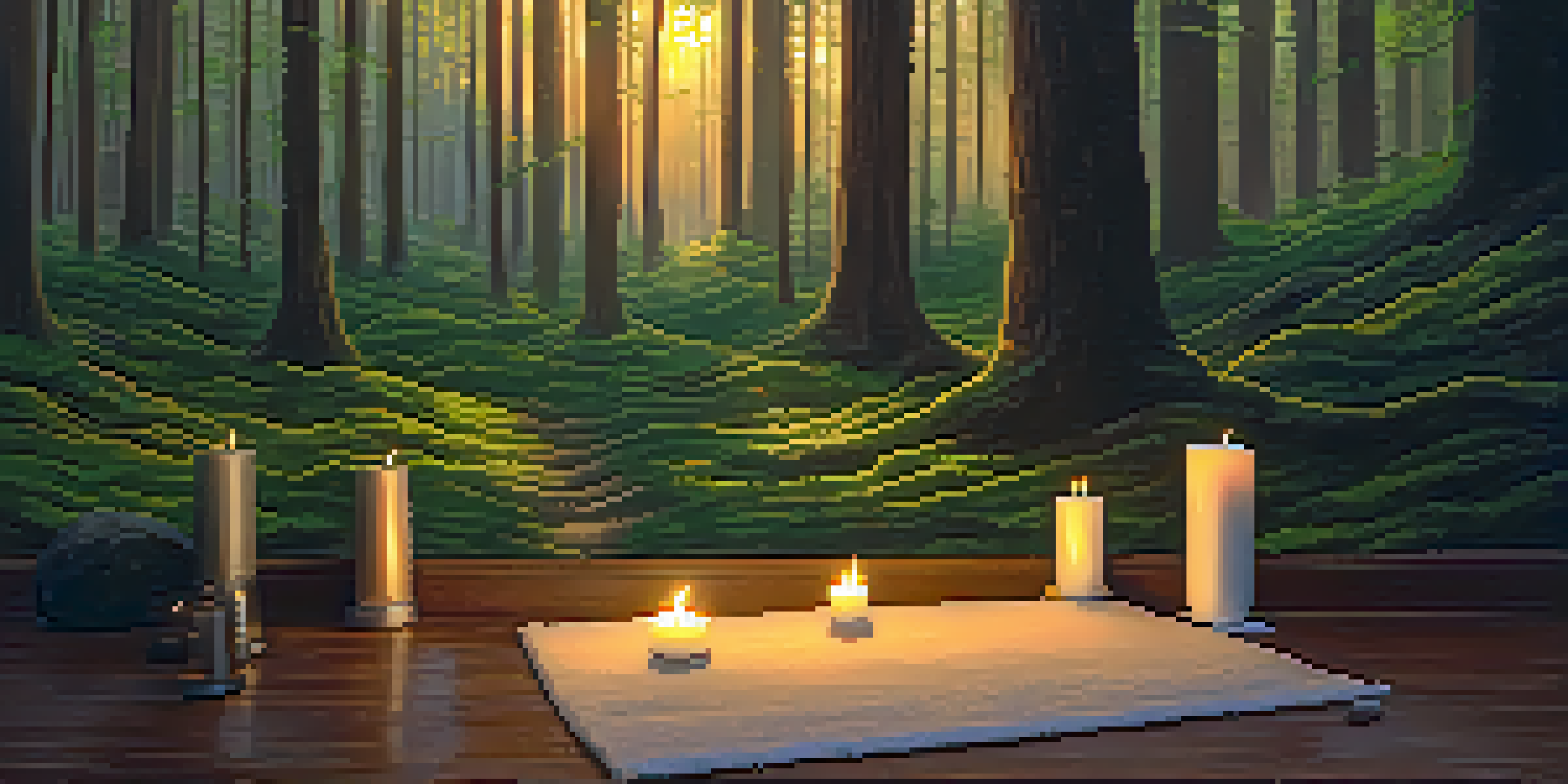 A peaceful forest with sunlight shining through the leaves, highlighting a meditation area with a mat and candles.