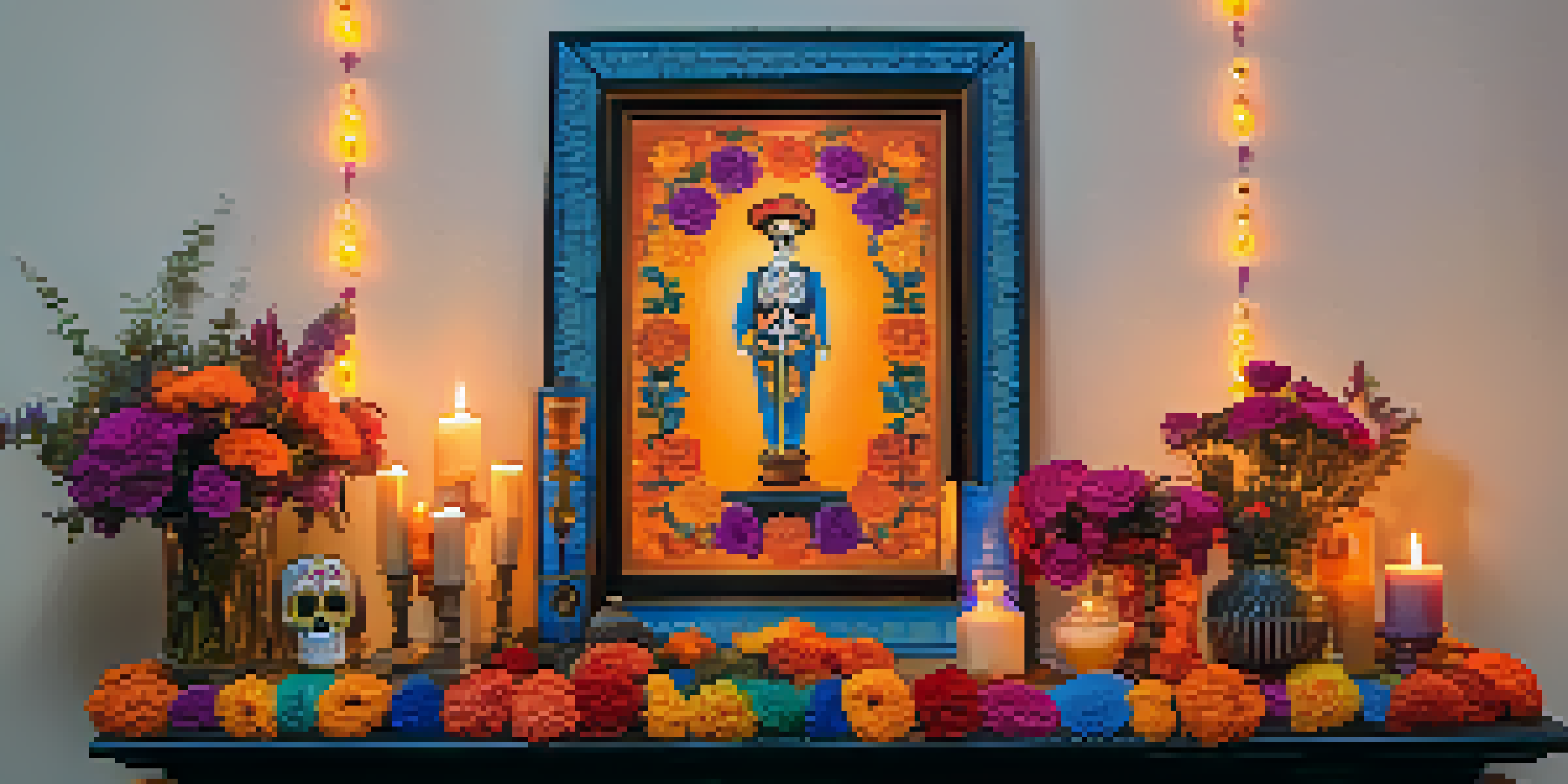 A colorful altar celebrating Dia de los Muertos with marigold flowers, sugar skulls, and photographs, illuminated by candlelight.