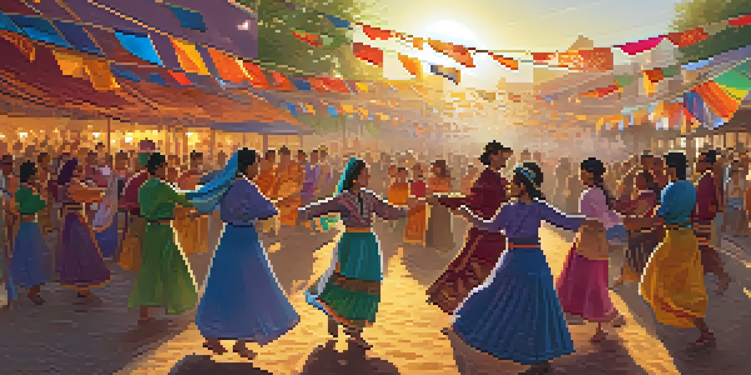 A lively cultural festival with people in traditional clothing dancing under colorful banners during sunset.