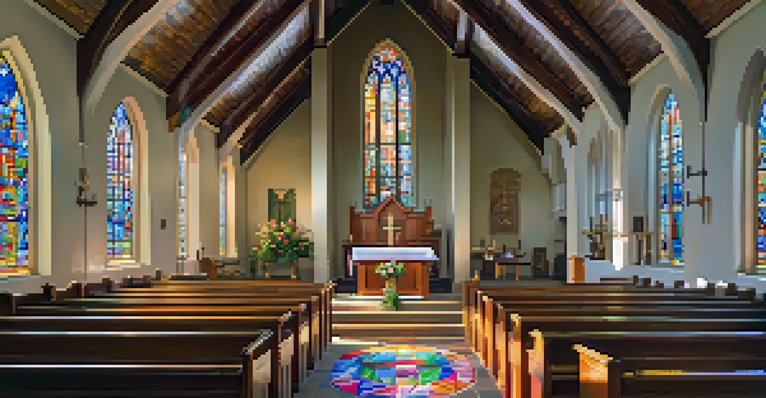 The interior of a tranquil church with stained glass windows and an inviting altar.