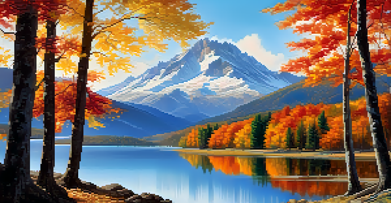 A picturesque mountain landscape in autumn, reflecting colorful trees and a clear blue sky in a tranquil lake.