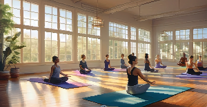 A diverse group of individuals practicing yoga in a sunlit studio, surrounded by plants and calming decor.
