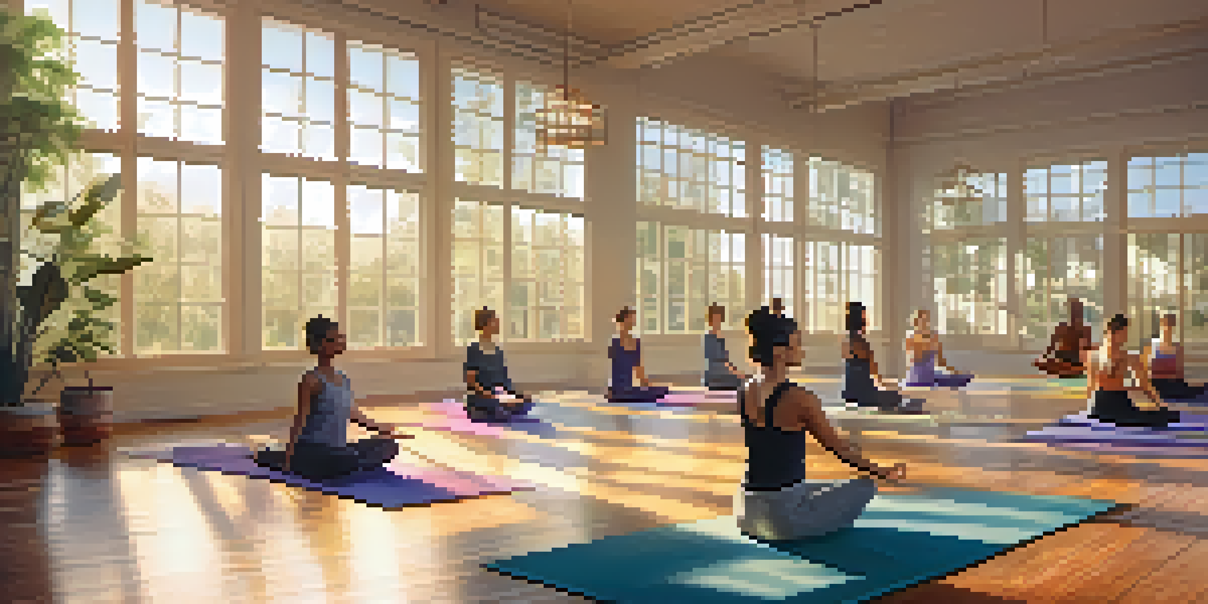 A diverse group of individuals practicing yoga in a sunlit studio, surrounded by plants and calming decor.