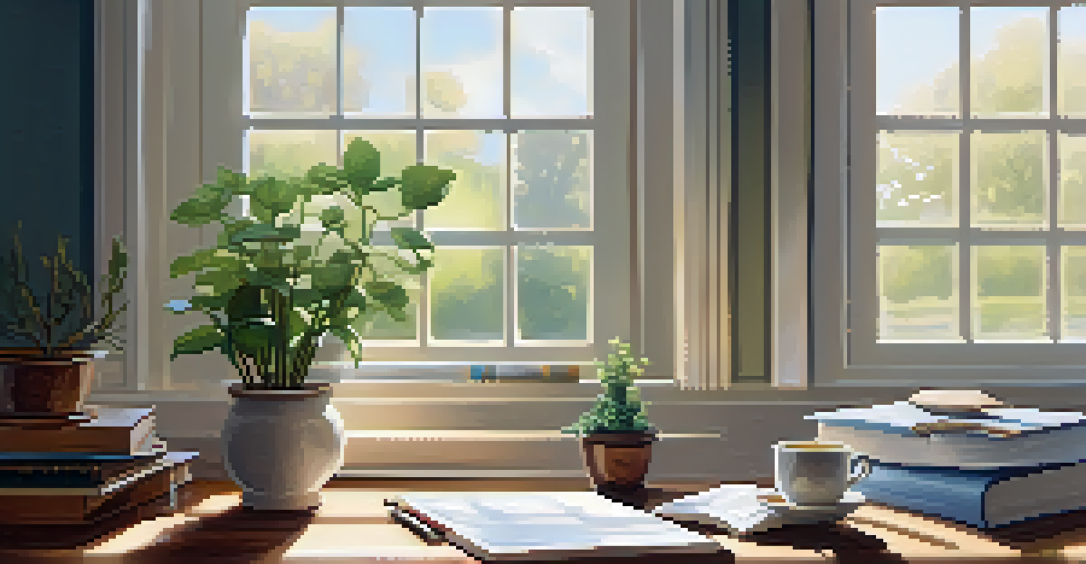 A cozy study space with an open journal, a cup of tea, and a plant, bathed in natural sunlight.