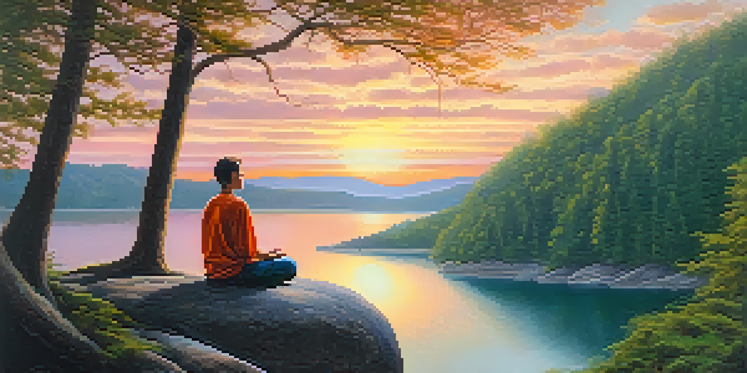 A tranquil scene with a person meditating on a cliff at sunrise, with a lake and forests in the background.