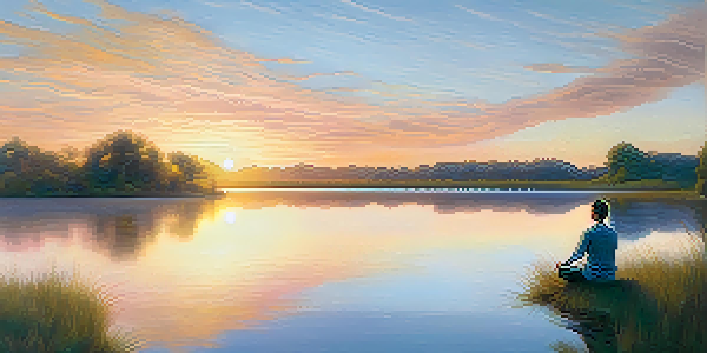 A peaceful scene of a person meditating by a calm lake at sunrise, with soft pastel reflections in the water.