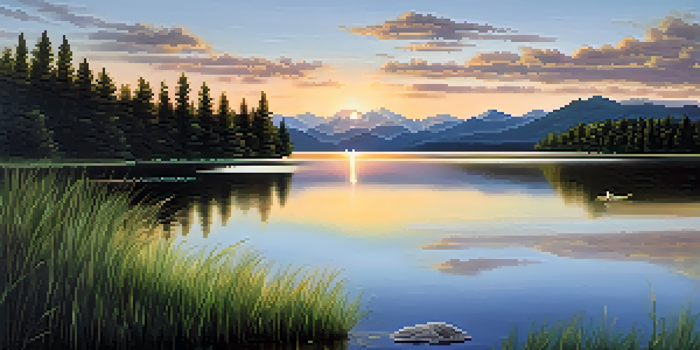 A peaceful landscape with a calm lake, green forests, and mountains at sunset.