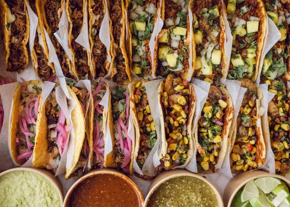 nicely arranged tacos and sauces part of the Taco Catering Box by Marlos in Edmonton