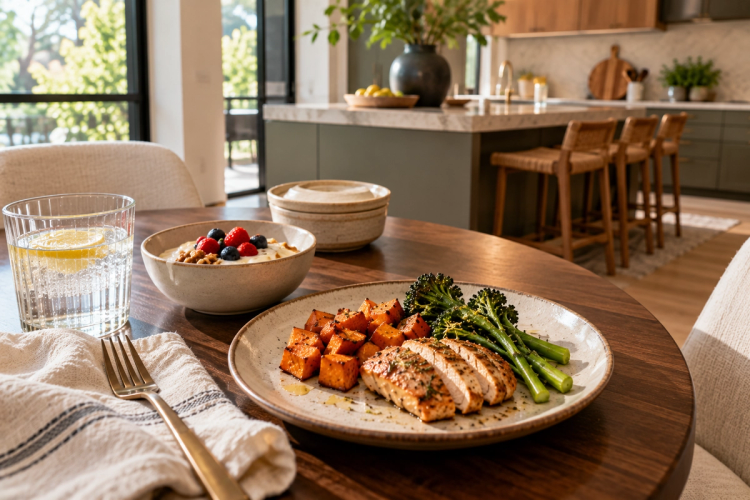 A sliced seasoned chicken breast with roasted sweet potato cubes and broccolini on a speckled plate, beside a bowl of yogurt with berries and a glass of lemon water on a round wood table in a sunlit kitchen.