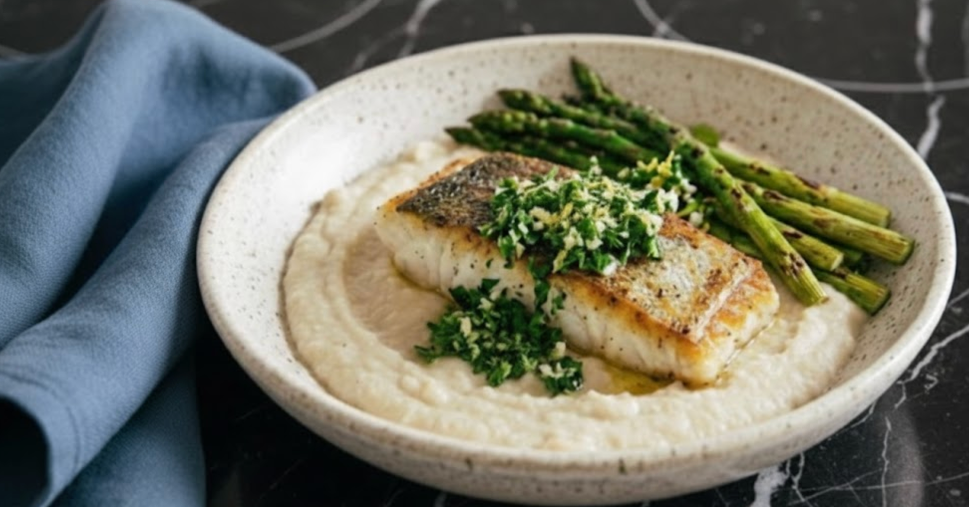 Seared cod over white-bean purée