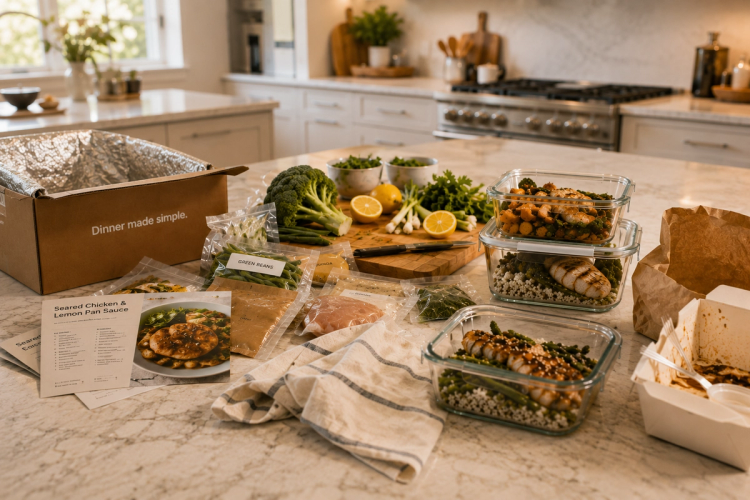 Meal-kit style prep on a marble kitchen island: an insulated 'Dinner made simple' delivery box, fresh broccoli, lemons, scallions and parsley on a cutting board, individually packaged raw ingredients, a recipe card for seared chicken with lemon pan sauce, and glass containers of cooked chicken with grains and vegetables ready to eat.