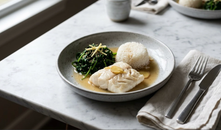 Miso-Broth Cod with Soft Rice & Wilted Spinach