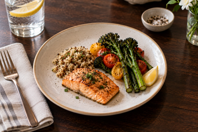 A flat ceramic plate with a seared salmon fillet, herbed quinoa, roasted broccolini, and blistered cherry tomatoes, garnished with a lemon wedge, on a wood table.