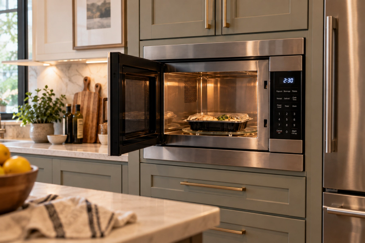 A delivered meal in a black tray with foil lid sitting in an open built-in microwave, in a warm kitchen with sage green cabinets, a marble counter, and a bowl of lemons.