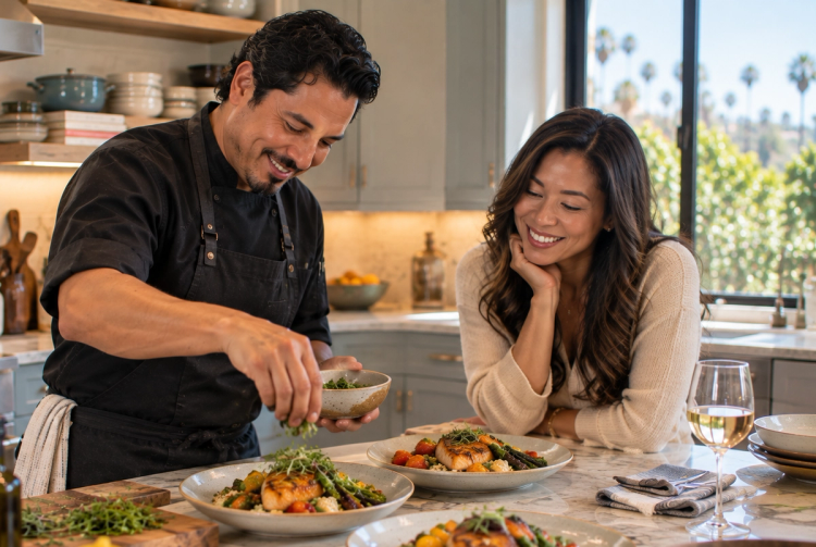 A personal chef plates seared fish with roasted vegetables at a kitchen island while a smiling woman looks on, palm trees visible through the window behind them.