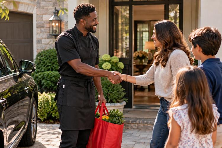 A smiling chef in a black apron shakes hands with a woman at the front door of a stone house, holding a red reusable bag of fresh greens and a lemon, while her two kids look on beside a parked SUV.