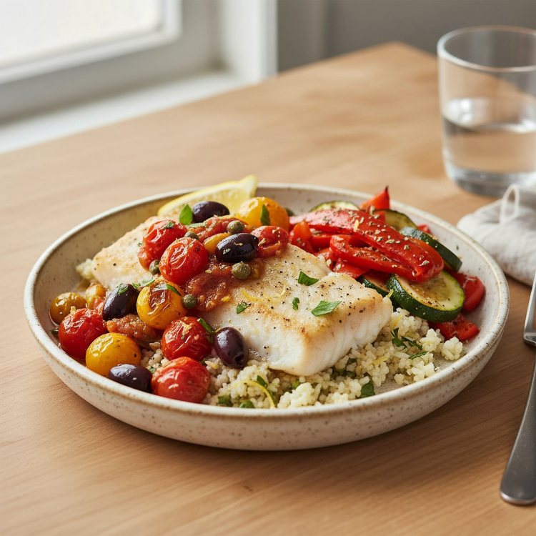 Baked Cod with Tomato-Olive Pan Sauce