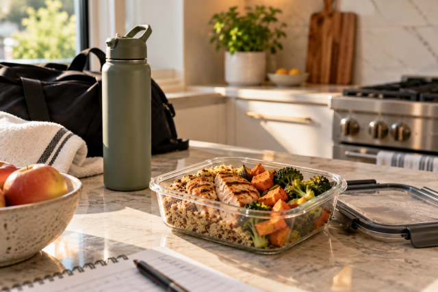 A seared white fish fillet with herbs, roasted carrots, red onion and small potatoes on a stoneware plate at a wooden dining table, with a second plate and a water glass in soft window light behind it.