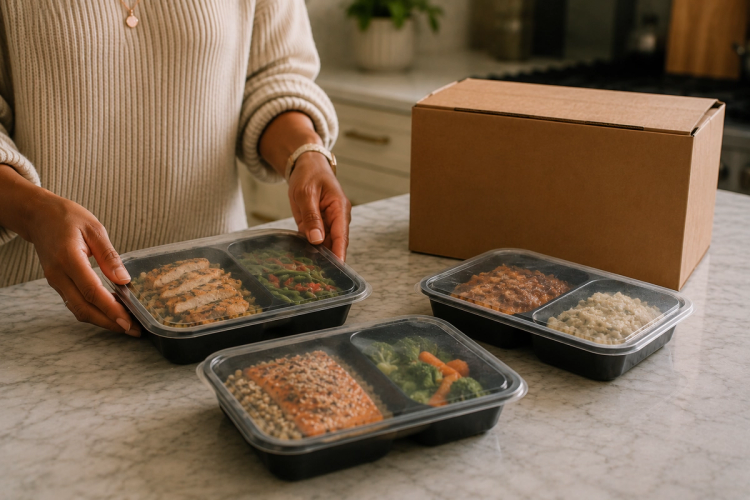 Hands lifting a portioned meal container of salmon, grains, and vegetables out of a cardboard delivery box, with two more sealed meal trays on a marble kitchen counter.