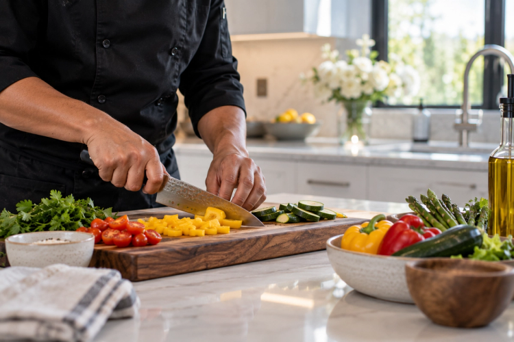 A personal chef in a black chef coat dices yellow squash on a wood cutting board, surrounded by cherry tomatoes, cilantro, zucchini, and bell peppers in a bright white kitchen with a bouquet of white flowers on the counter.