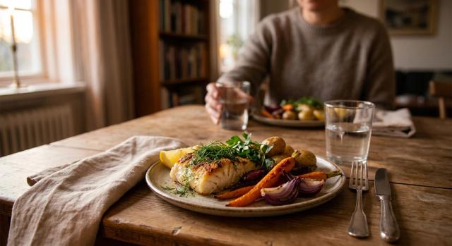 A seared white fish fillet with herbs, roasted carrots, red onion and small potatoes on a stoneware plate at a wooden dining table, with a second plate and a water glass in soft window light behind it.