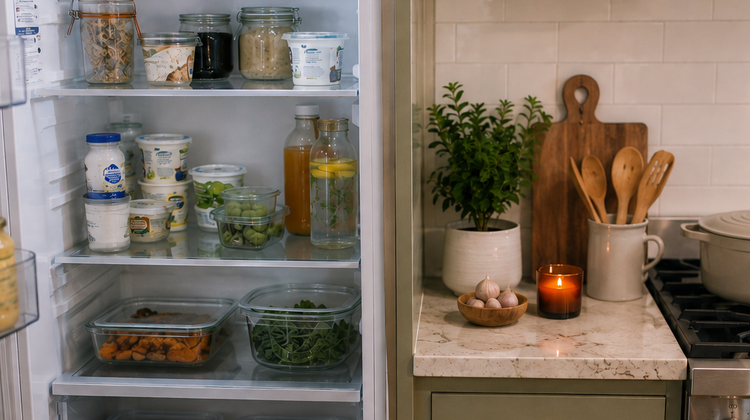 An open refrigerator stocked with gut-healthy foods, including yogurt, fermented vegetables, berries, roasted vegetables, leafy greens, eggs, and fresh fruit, next to a stainless steel range in a home kitchen.