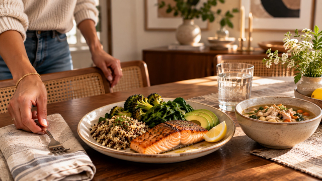 A home-cooked plate on a wooden dining table with seared salmon, herbed quinoa, roasted broccoli, sauteed greens, sliced avocado, and a lemon wedge, next to a bowl of white bean and turkey soup and a glass of water, as a woman sets down a fork on a linen napkin.