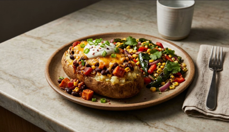Vegetarian Chili-Stuffed Twice-Baked Potato