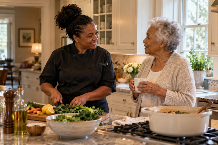 A smiling personal chef in a black chef coat chops greens and lemons in a bright home kitchen while an older woman in a cardigan holds a mug and chats with her, a pot of stew on the stove.