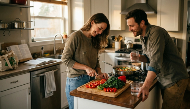 A smiling couple cooks together in a home kitchen, slicing bell peppers, kale, and cherry tomatoes on a wood cutting board while a pan of sauteed vegetables cooks on the stove.