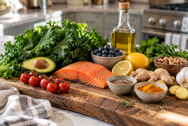 A raw salmon fillet on a wooden cutting board surrounded by kale, avocado, cherry tomatoes, blueberries, lemon, ginger root, turmeric, garlic, walnuts, and a bottle of olive oil in a home kitchen.